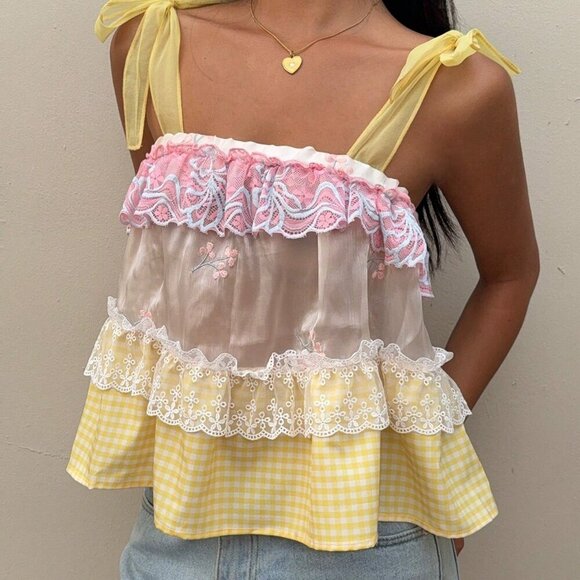 Boho Women's Vacation Plaid multi print Lace Splicing Camisole top - Picture 5 of 7